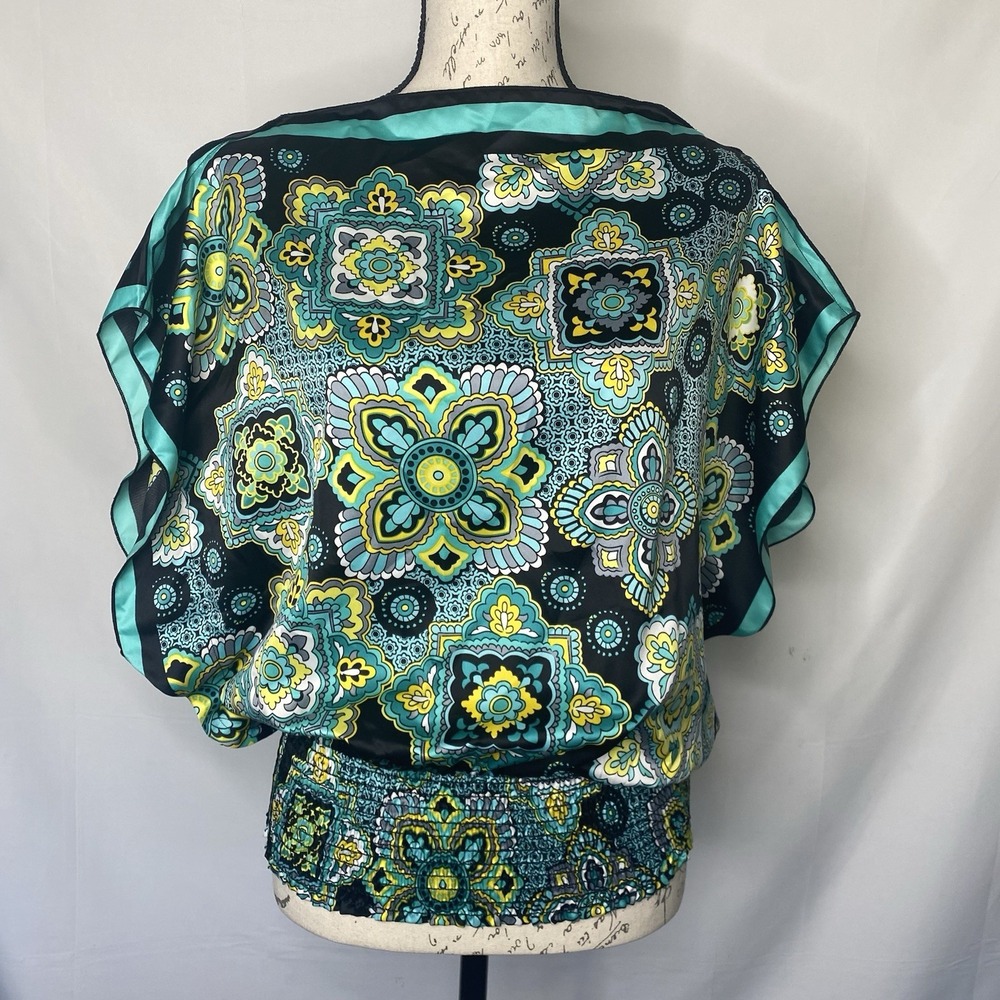 Takara Aqua Green Black Paisley Blouse Women Sz M Satin Feel Rouched Bottom Boho